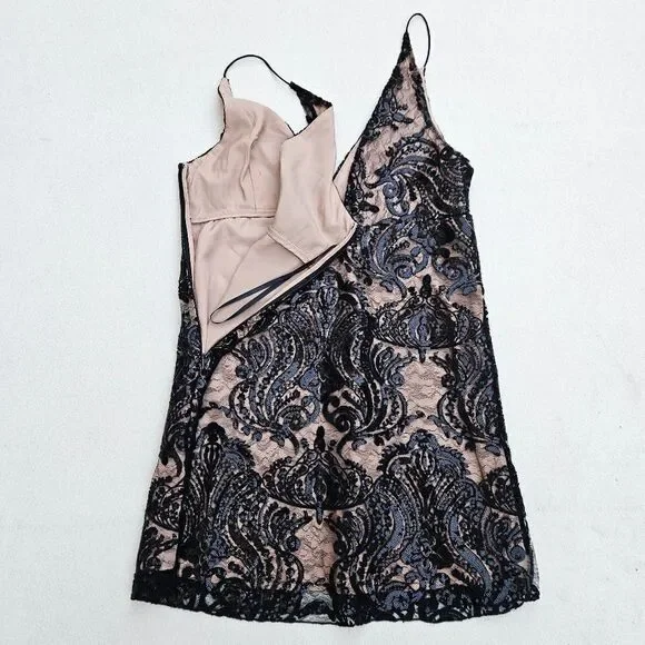 Free People Night Shimmers Lace Sequined Beige and Black Dress - Picture 9 of 15